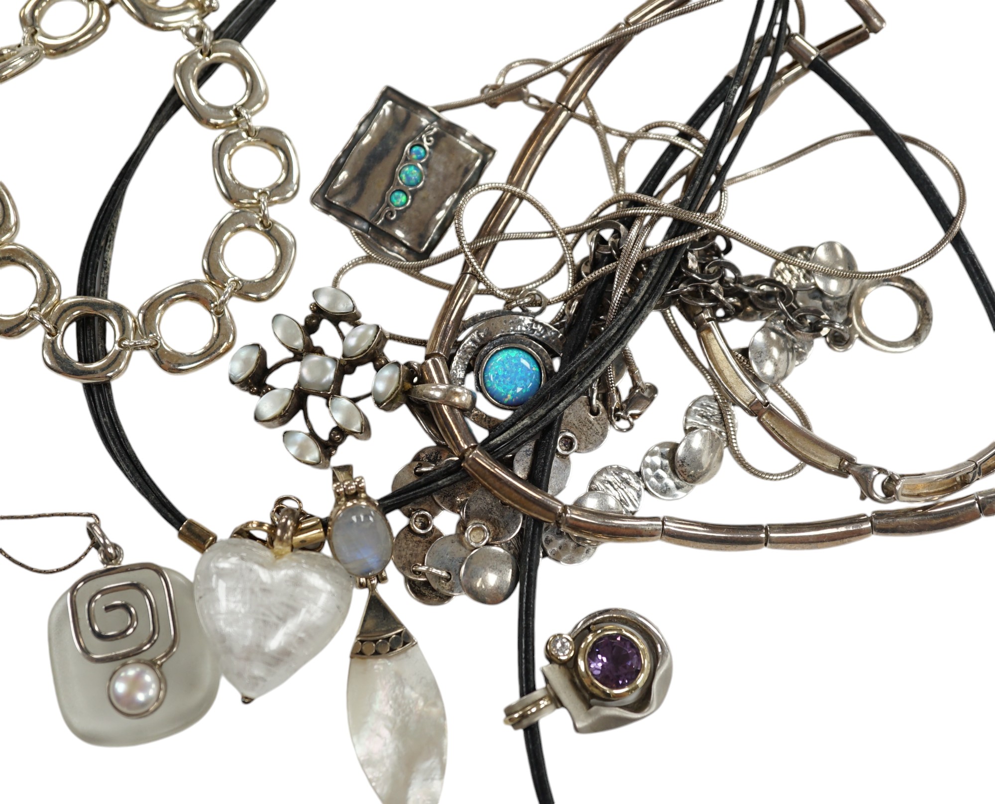 A small group of assorted modern 925 and white metal jewellery including necklaces, bracelet etc. Condition - fair